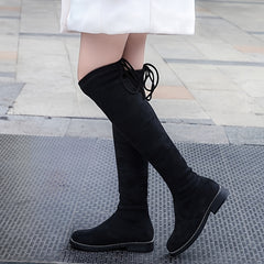 Suede Over Knee Boots Low Heel Lace Up Slip on Non-Slip Autumn Spring