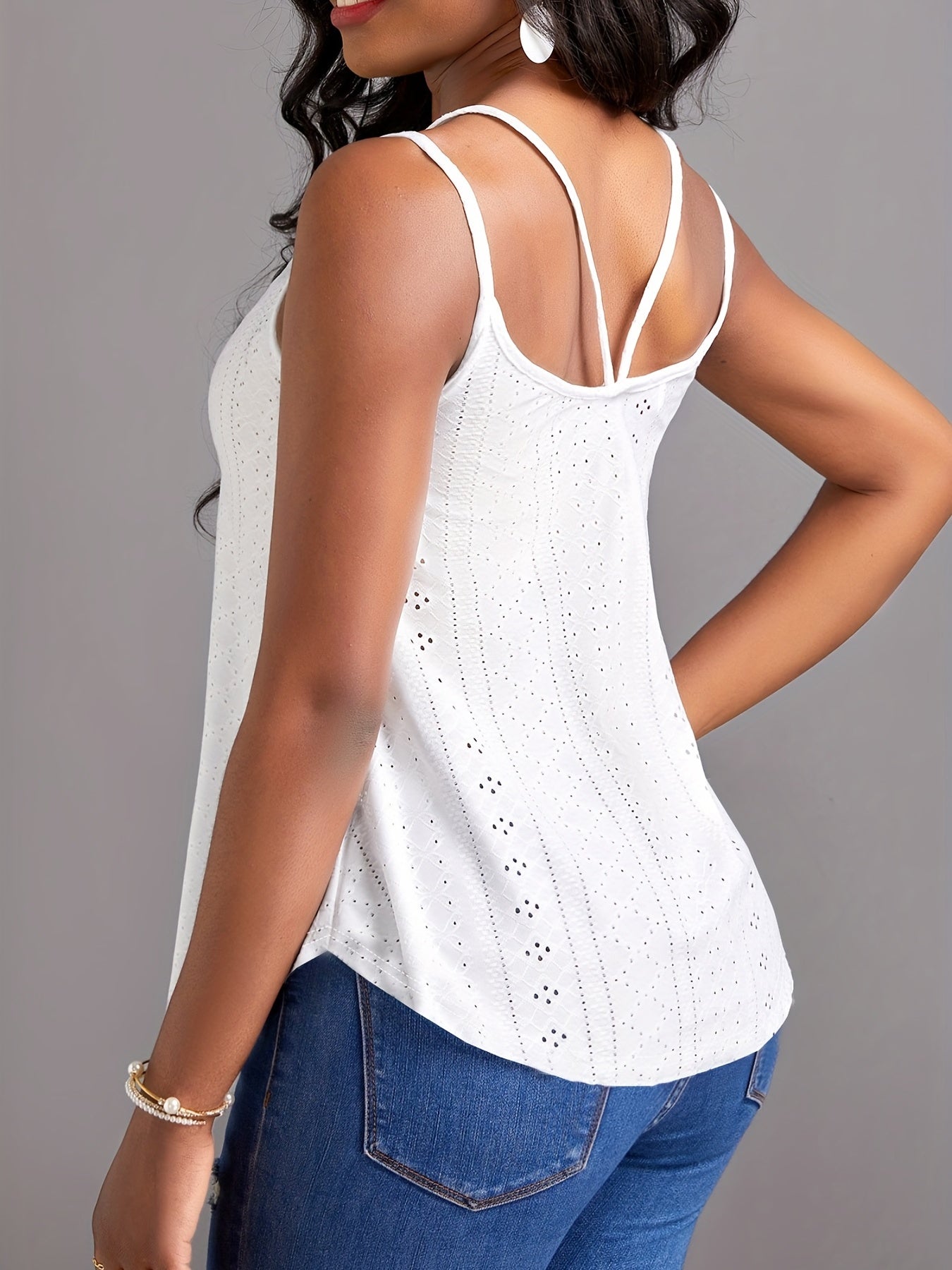 Eyelet Solid Cami Top Sexy Scoop Neck Summer Sleeveless Top