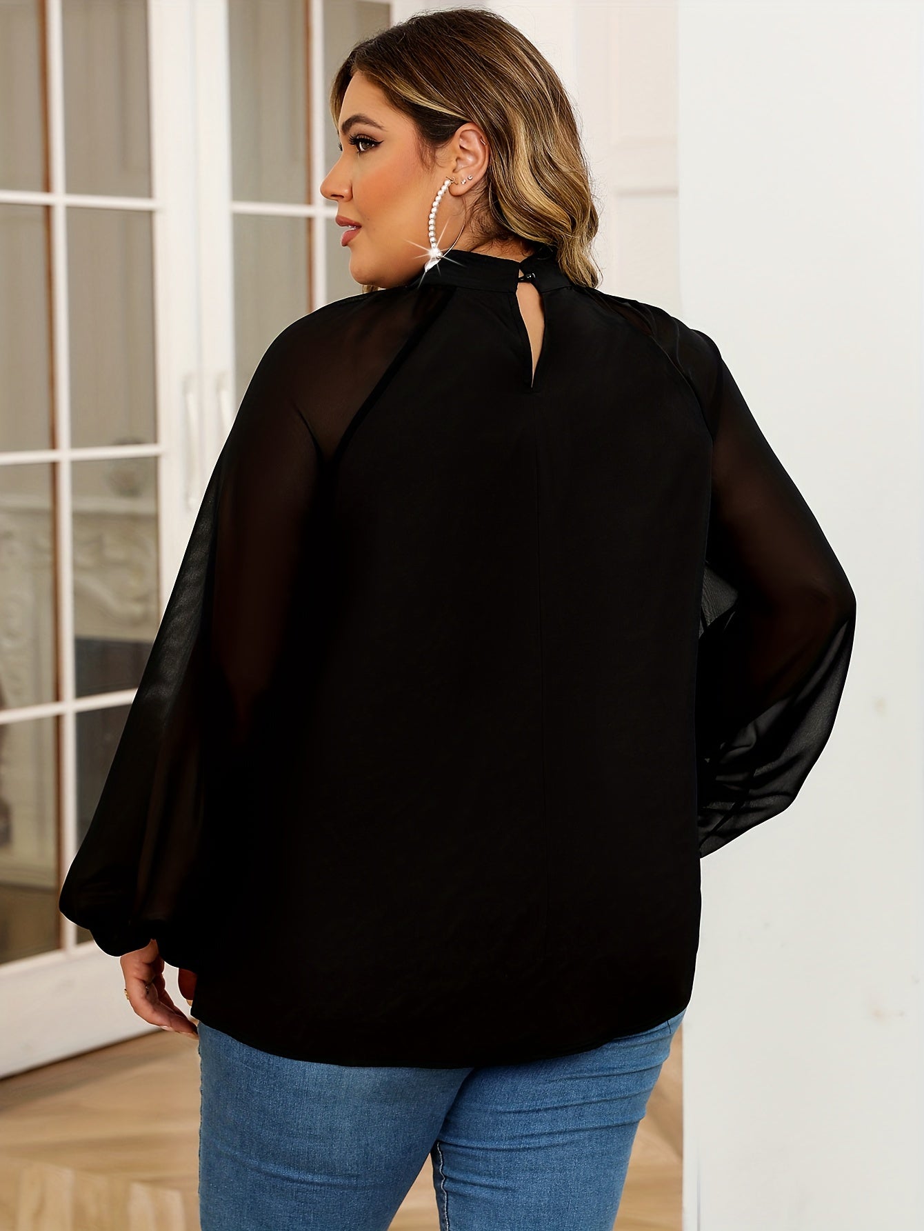 Mesh Lantern Sleeve Mock Neck Top