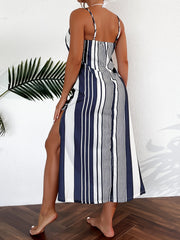 Stripes Print Side Split Round Neck Beach Cover Up Soft Chiffon Boho Style