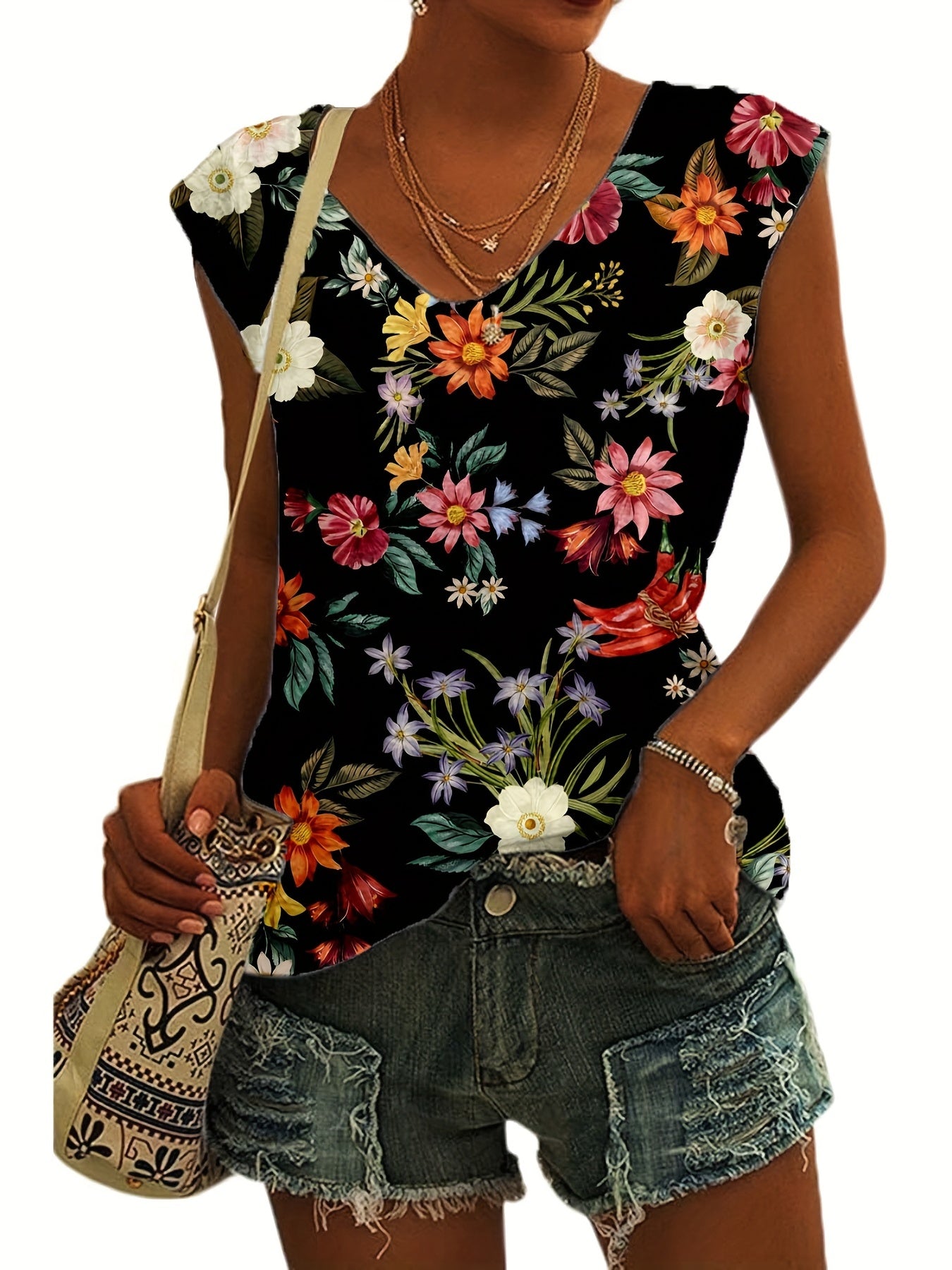 Floral Print Cap Sleeve V Neck Tops Casual Summer Tank Top Women's Clothing