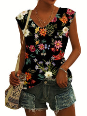 Floral Print Cap Sleeve V Neck Tops Casual Summer Tank Top Women's Clothing