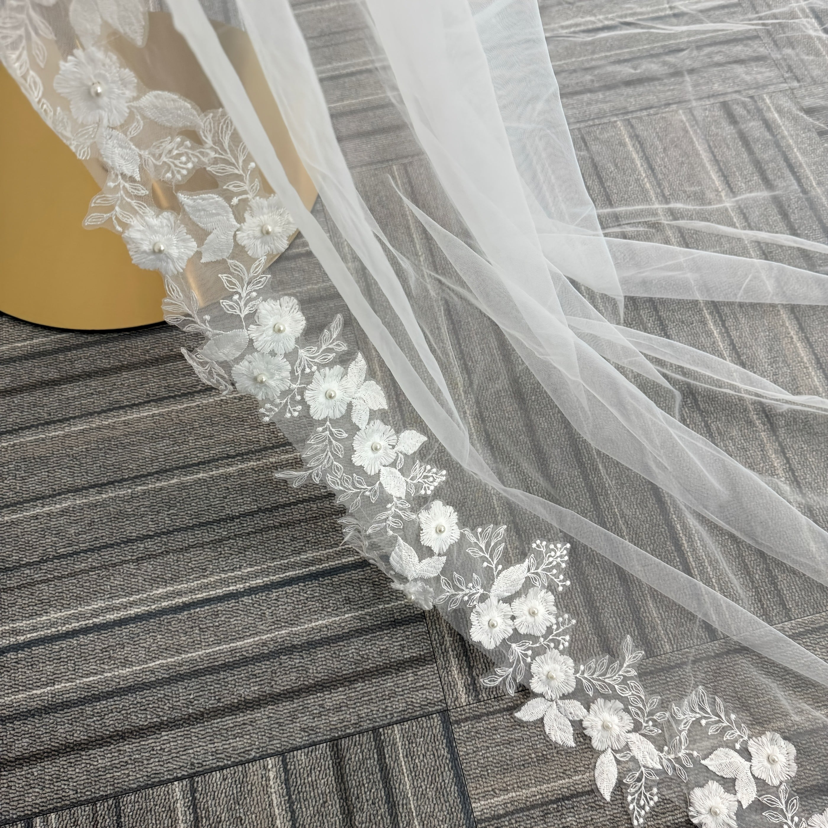 Vintage Romantic Court Style Bridal Veil with Floral & Pearl Embellishment