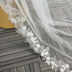 Vintage Romantic Court Style Bridal Veil with Floral & Pearl Embellishment