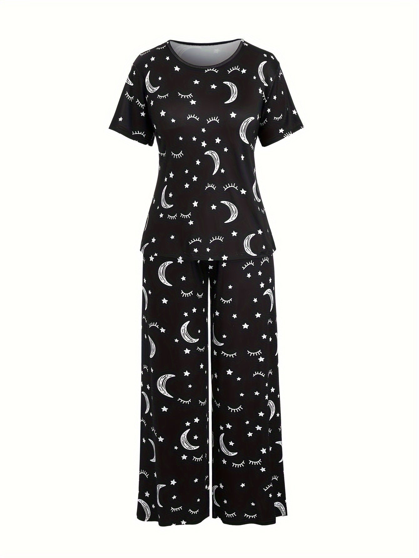Sun & Moon Print Pajamas Set Short Sleeve Tee & Pants 2 Piece Set