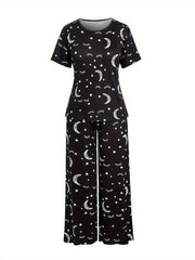 Sun & Moon Print Pajamas Set Short Sleeve Tee & Pants 2 Piece Set