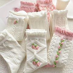 5 Pairs Floral Print & Ruffle Trim Socks Women's Stockings