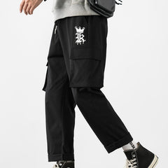 Men's Double Pocket Creative K Graphic Print Cropped Drawstring Cargo Pants