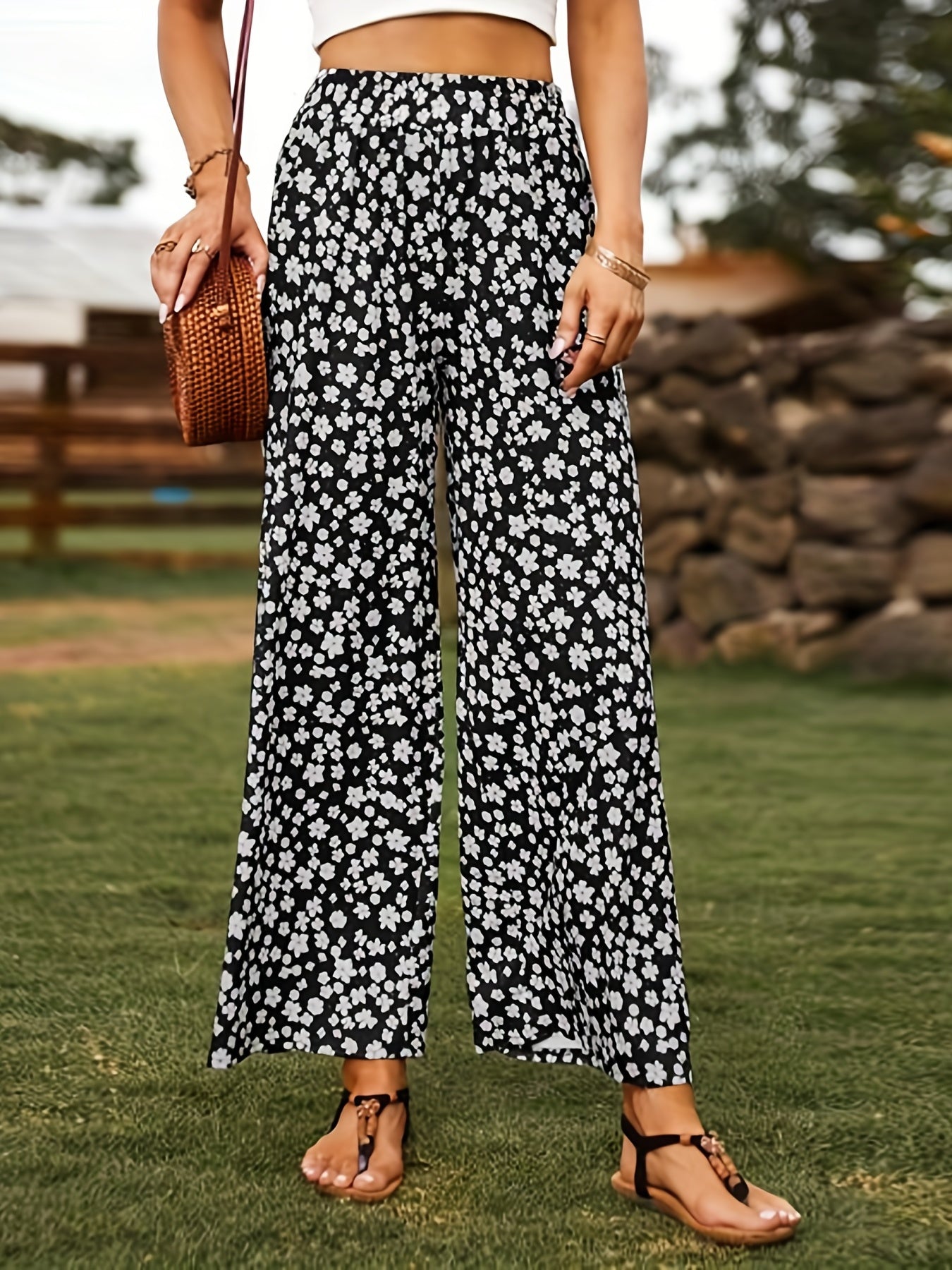 Floral Wide Leg Pants Boho High Waist Spring Summer Women's Clothing