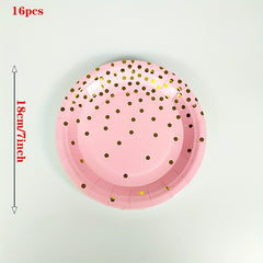 16pcs Pink/Gold Party Supplies Disposable Dinnerware Set for Birthday Baby Showe