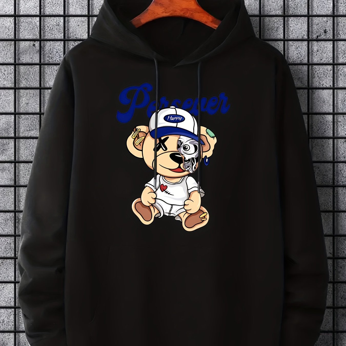 Teddy Bear Print Hoodie Men's Casual Pullover Hooded Sweatshirt