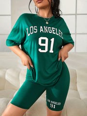Letter Print Lounge Set Crew Neck Top & Elastic Waistband Shorts