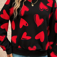 Heart Print Pullover Sweatshirt Women's Crew Neck Fall & Spring Casual Top