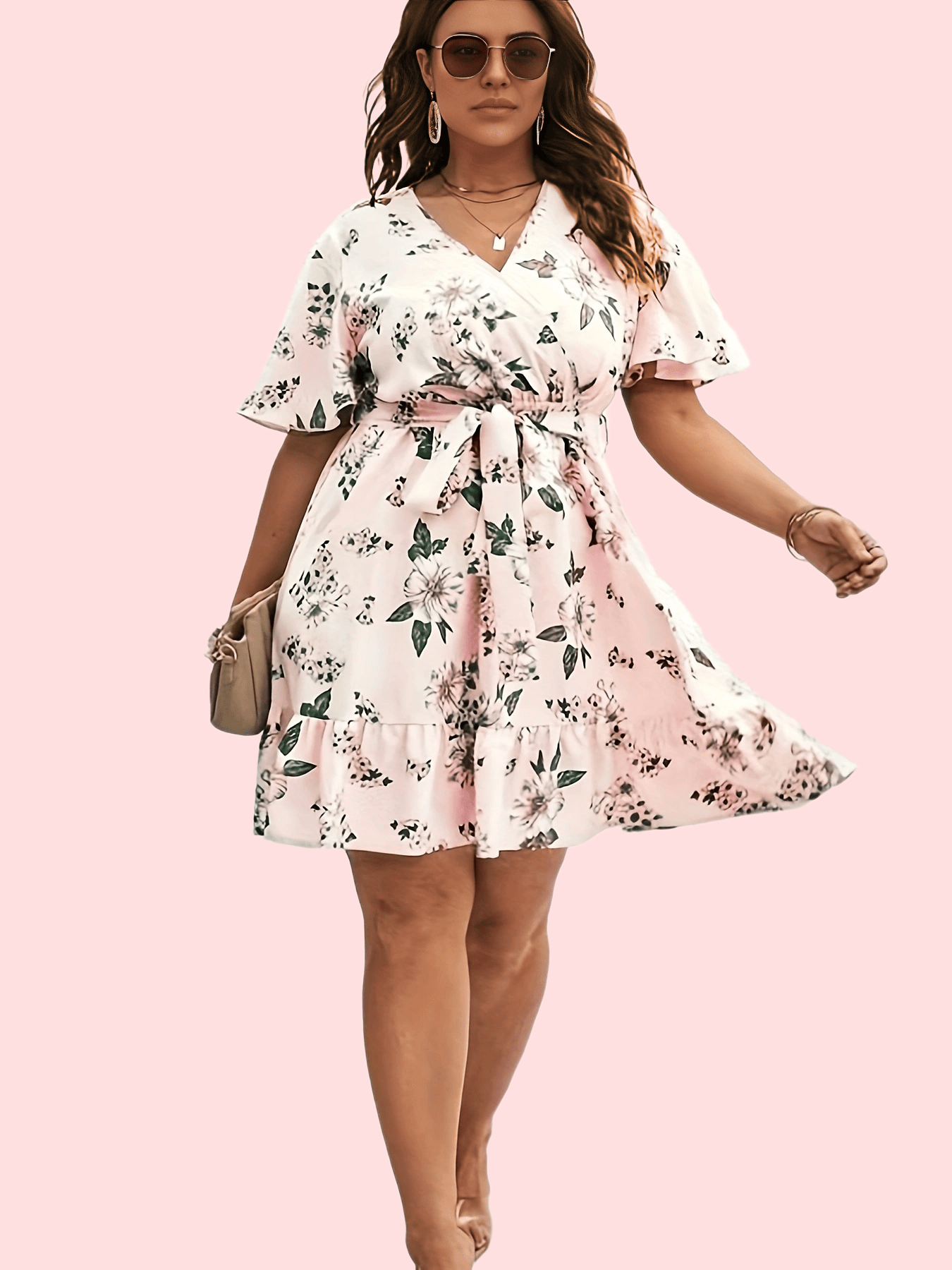 Floral Print Surplice Neck Dress With Belt