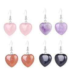 Heart Shaped Crystal Drop Earrings - Rose Quartz Amethyst