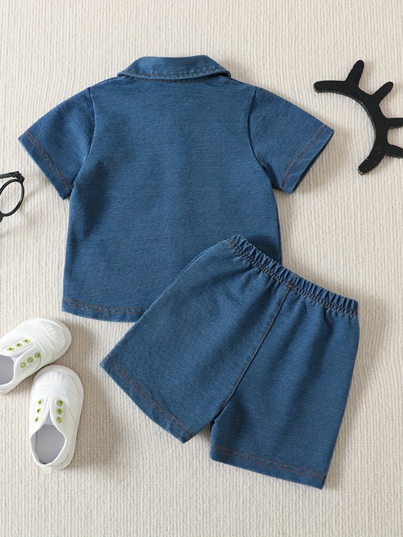Boys Short Sleeve Shirt & Shorts Denim 2pcs POSITIVE Print Casual Kids Summer
