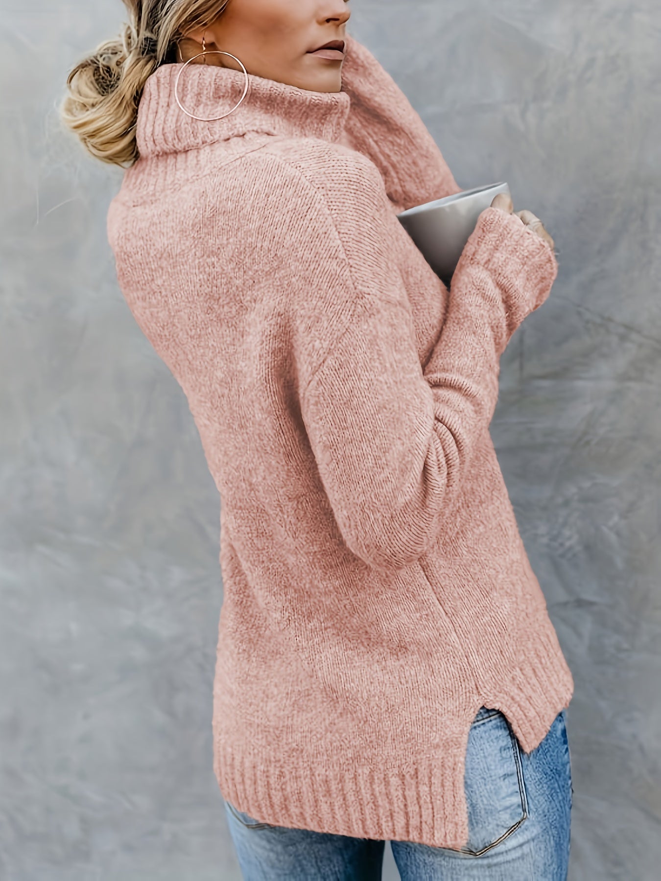Solid Turtle Neck Pullover Sweater Long Sleeve Split Sweater