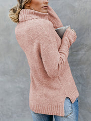 Solid Turtle Neck Pullover Sweater Long Sleeve Split Sweater