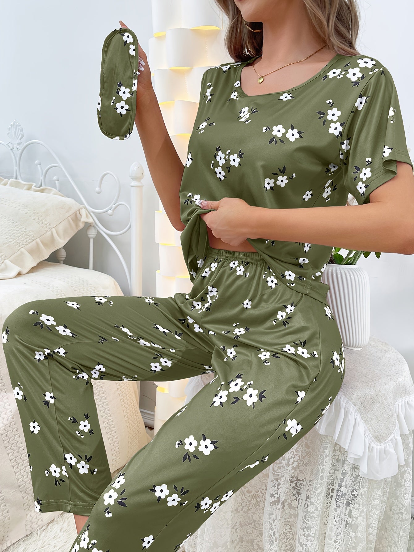 Floral Print Pajama Set Short Sleeve Top & Pants