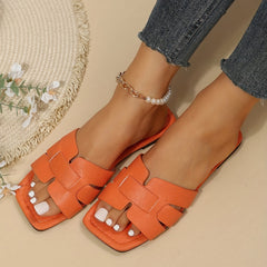 Women's Solid Slide Sandals Square Toe Flat Summer Shoes Lightweight Beach Shoes