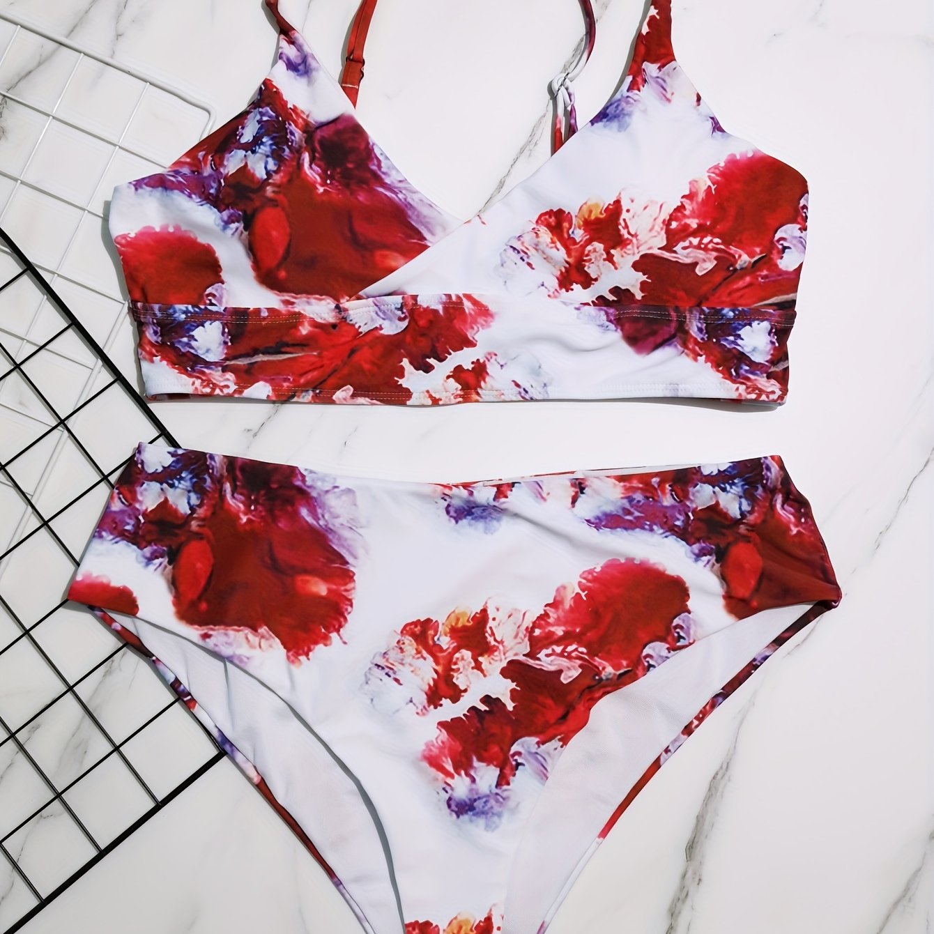 Tie Dye Wrap V Neck Bra & Panty Swimsuit Set