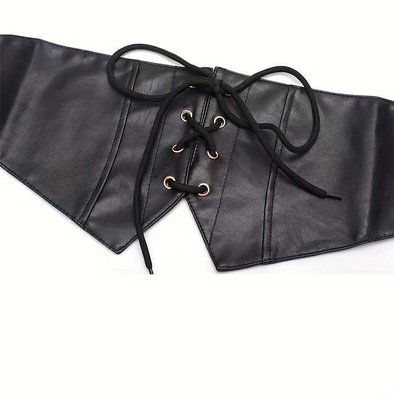 Punk Wide Waist Cinch Belt Bowknot Lace Up Elastic PU Corset Belt