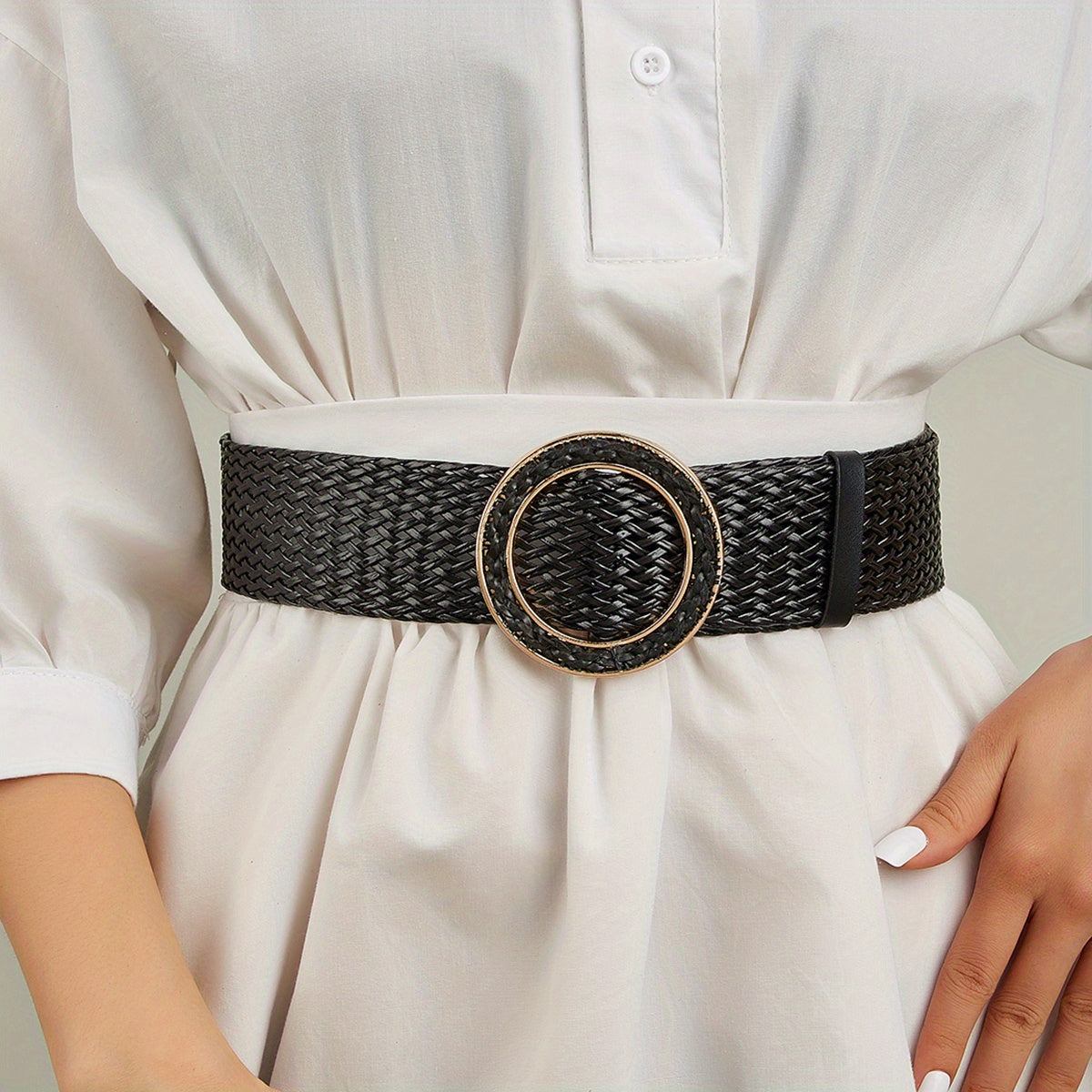 Round Buckle Braided Belt Hollow Out Wide Waistband for Women