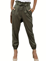 Tie Front Ruched Pants Casual High Waist With Pockets