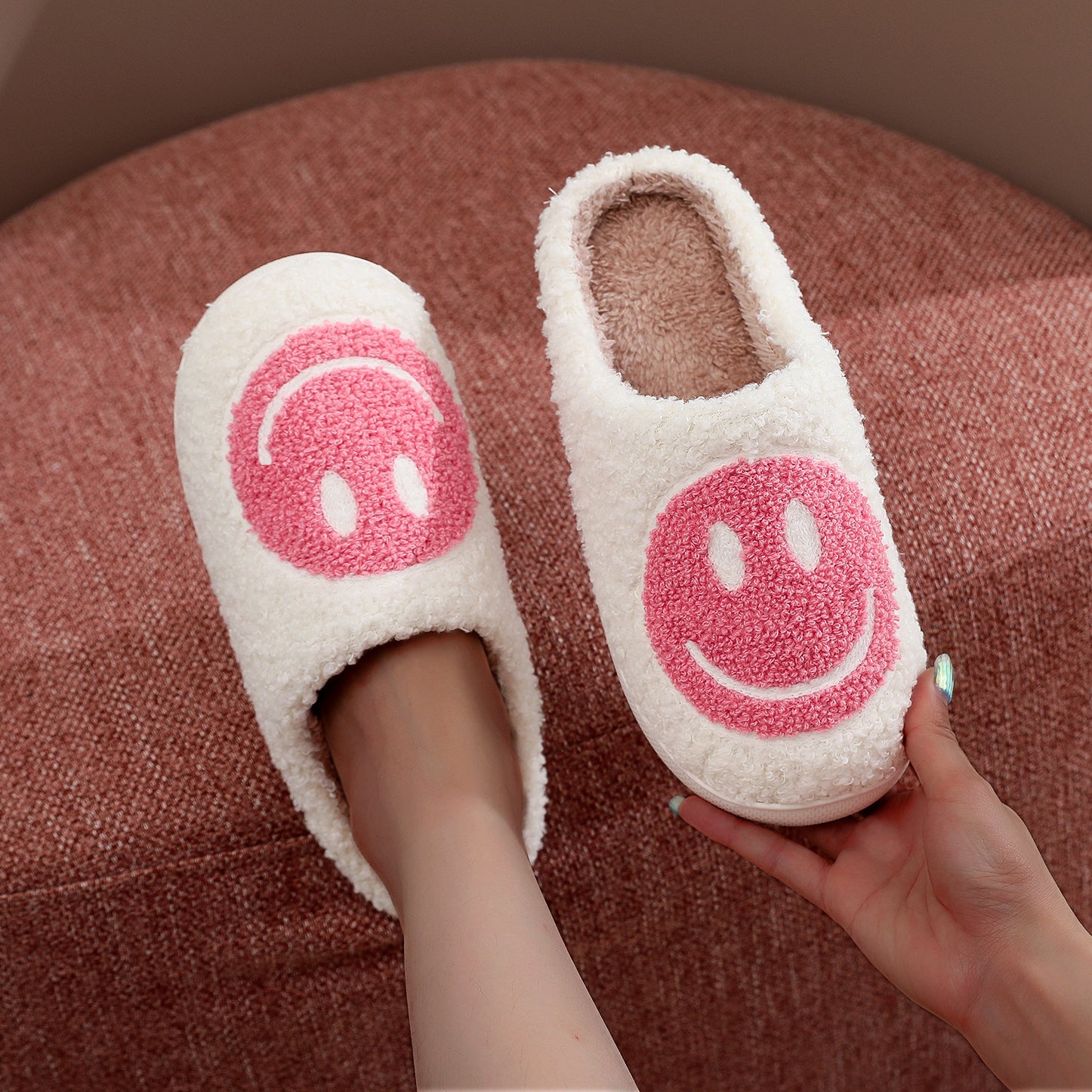 Smile Face Print Plush Slippers Comfortable Indoor Home Slippers