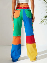 High Waist Colorblock Straight Jeans for Women