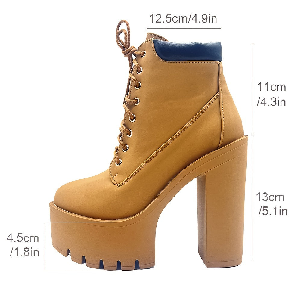 Chunky Heeled Short Boots Round Toe Lace Up High Heels Waterproof Shoes