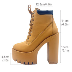 Chunky Heeled Short Boots Round Toe Lace Up High Heels Waterproof Shoes