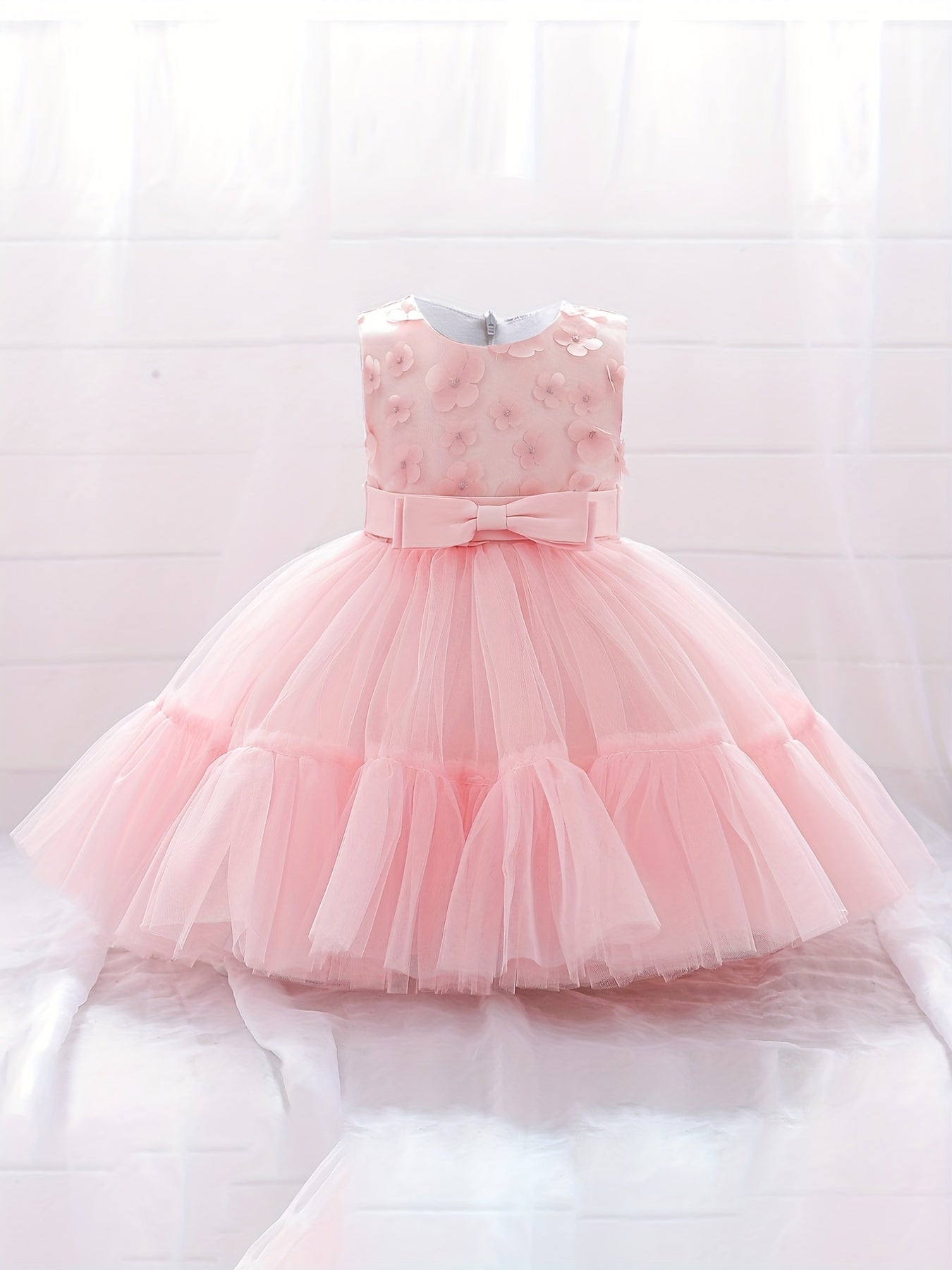 Baby Girls Floral Decor Bowknot Sleeveless Mesh Gown Princess Dress