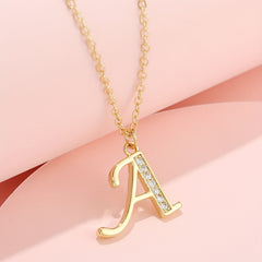 Golden Copper Rhinestone Alphabet Pendant Necklace