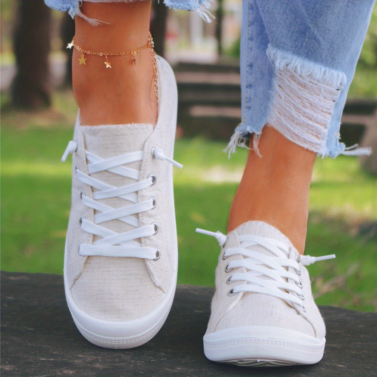 Beige Lace Up Walking Shoes Non Slip Flat Comfortable Skate Shoes Women's Footwe