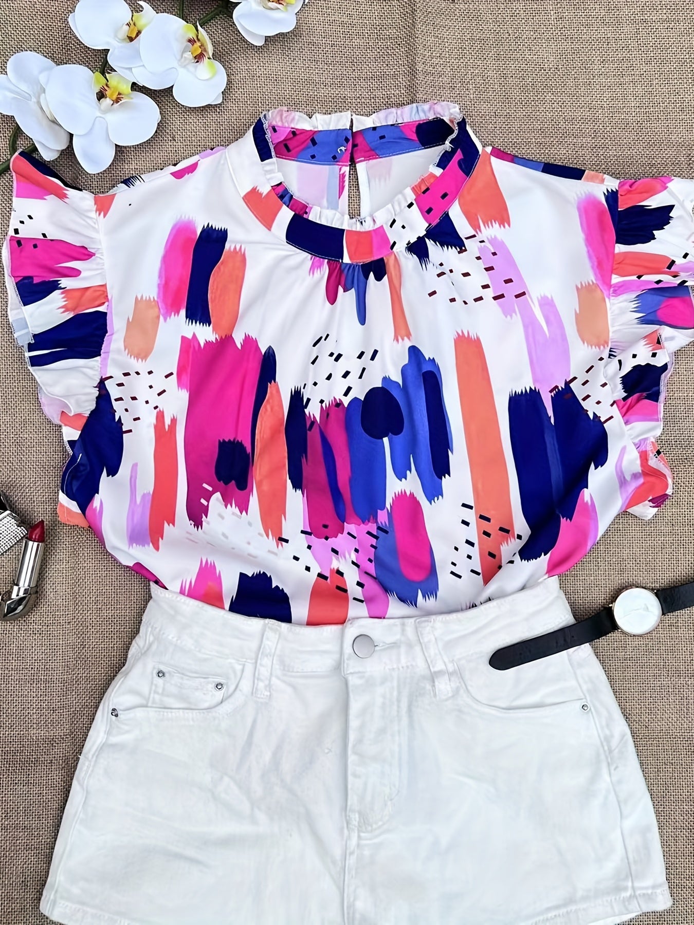 Casual Blouse Women's Plus Random Print Ruffle Sleeve