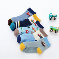 5 Pairs Kids Cartoon Car Cotton Crew Socks, Winter Boys and Girls