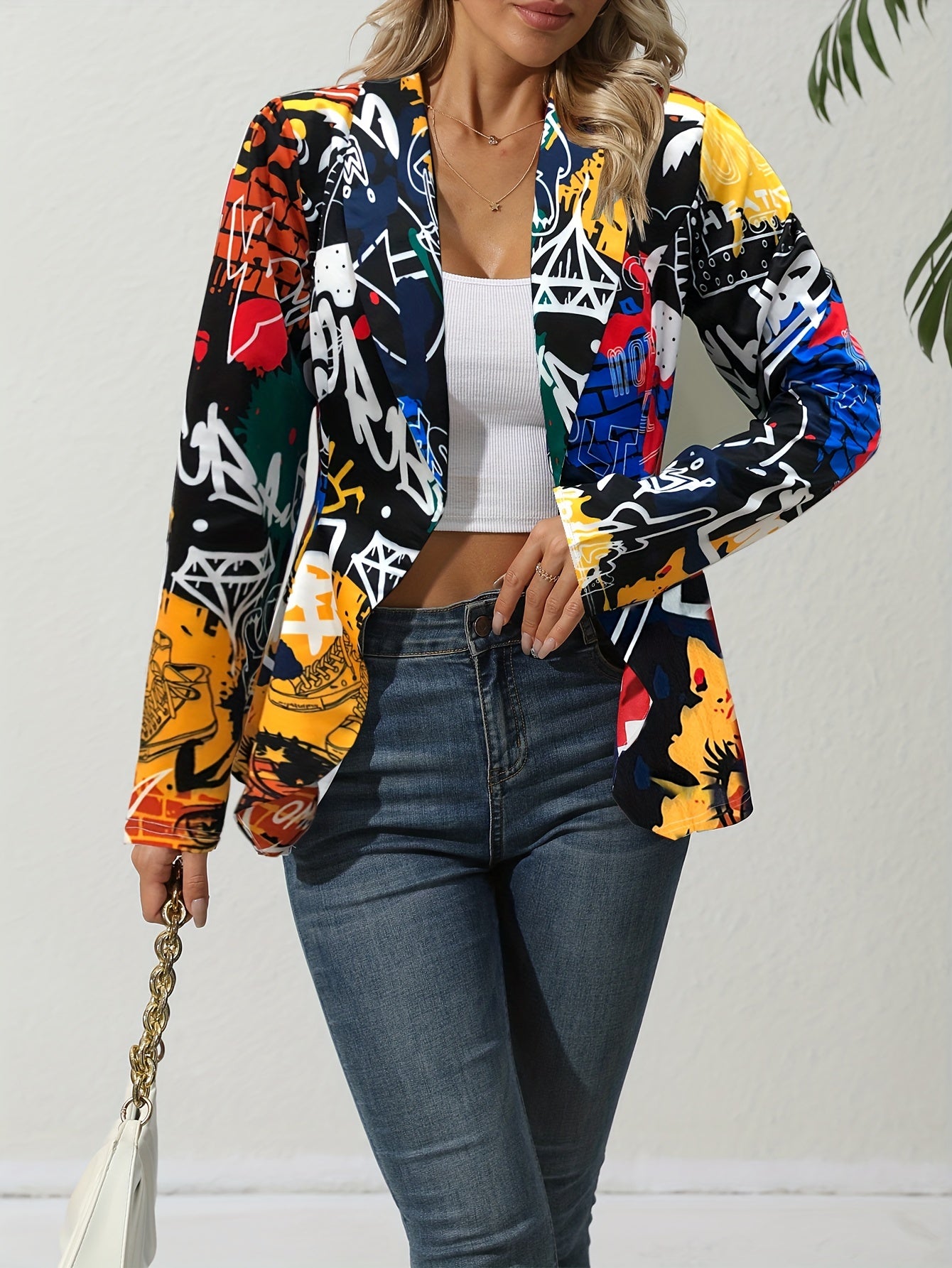 Geo Print Open Front Blazer Vintage Lapel Long Sleeve Blazer