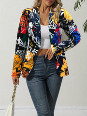 Geo Print Open Front Blazer Vintage Lapel Long Sleeve Blazer