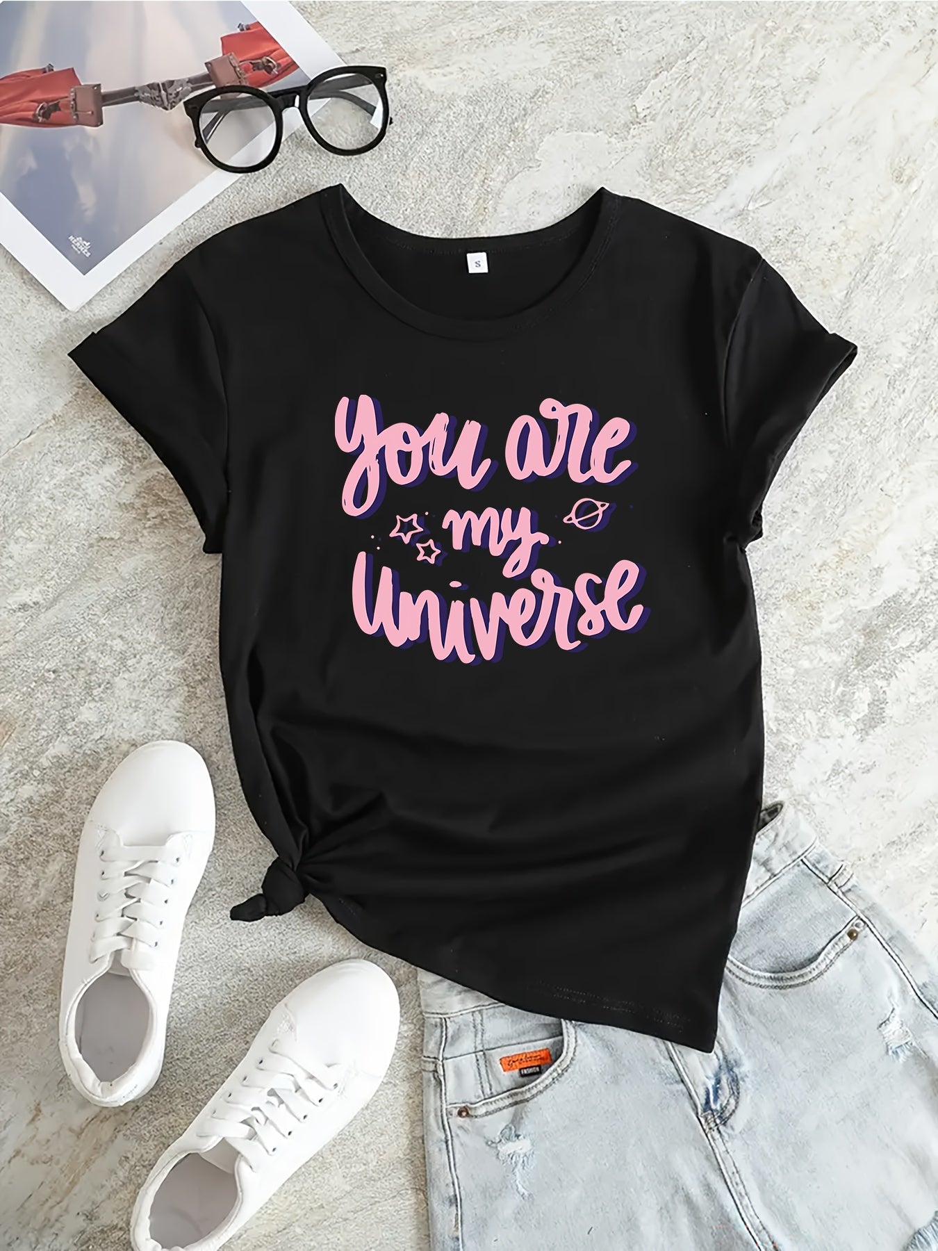 Letter Graphic Sports T-shirt Round Neck Short Sleeves for Women