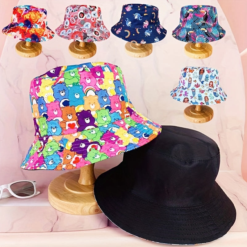 Unisex Printed Sunshade Bucket Hat Unicorn Bear Double sided Sun Hat