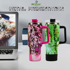 40oz Stainless Steel Marble Insulated Tumbler w/ Handle & Straw Cap