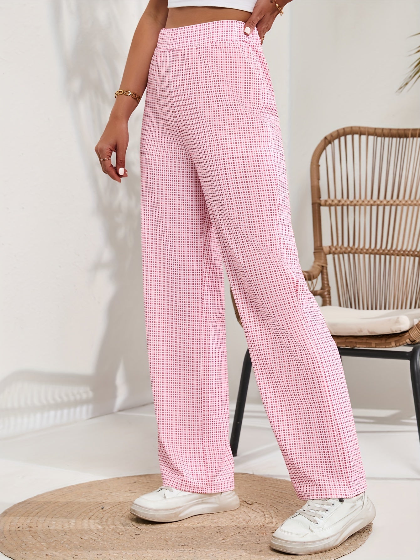 Plaid Straight Leg Pants High Waist Loose Fit
