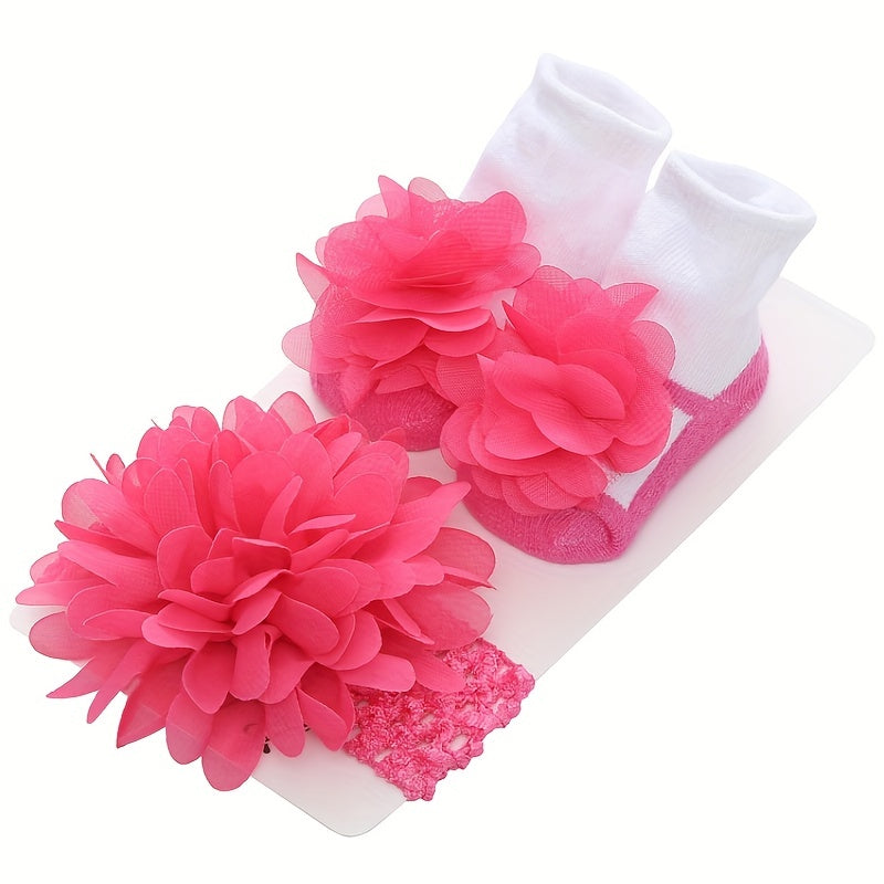 2pcs Newborn Girls Socks & Headband Set - Cotton Princess Crew Socks & Headwear