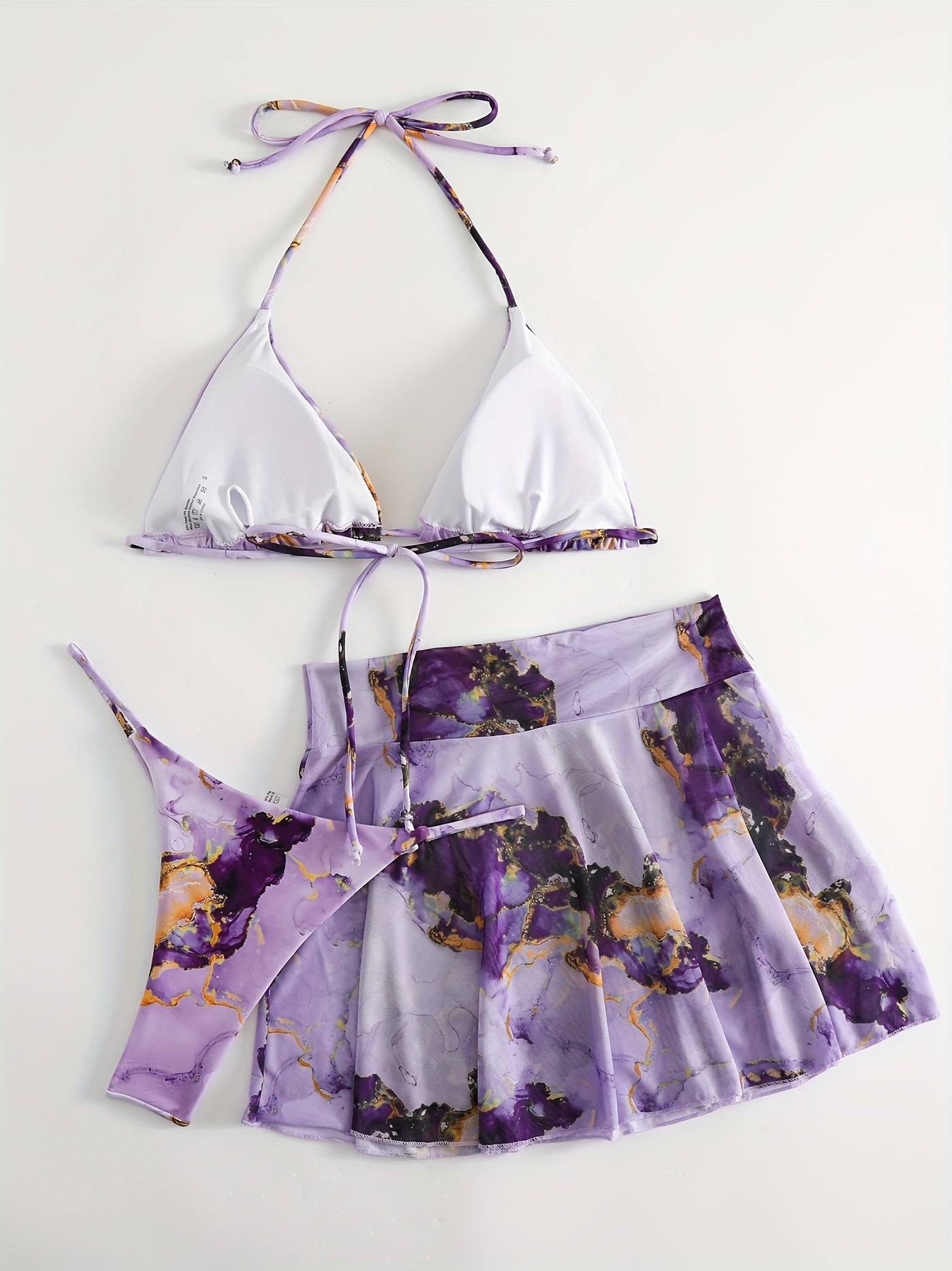 Tie Dye Bikini Set Halter V Neck Backless High Cut with Cover Up Skirt Swimsuit