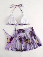 Tie Dye Bikini Set Halter V Neck Backless High Cut with Cover Up Skirt Swimsuit