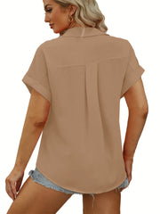 Solid Button Up Short Sleeve Blouse