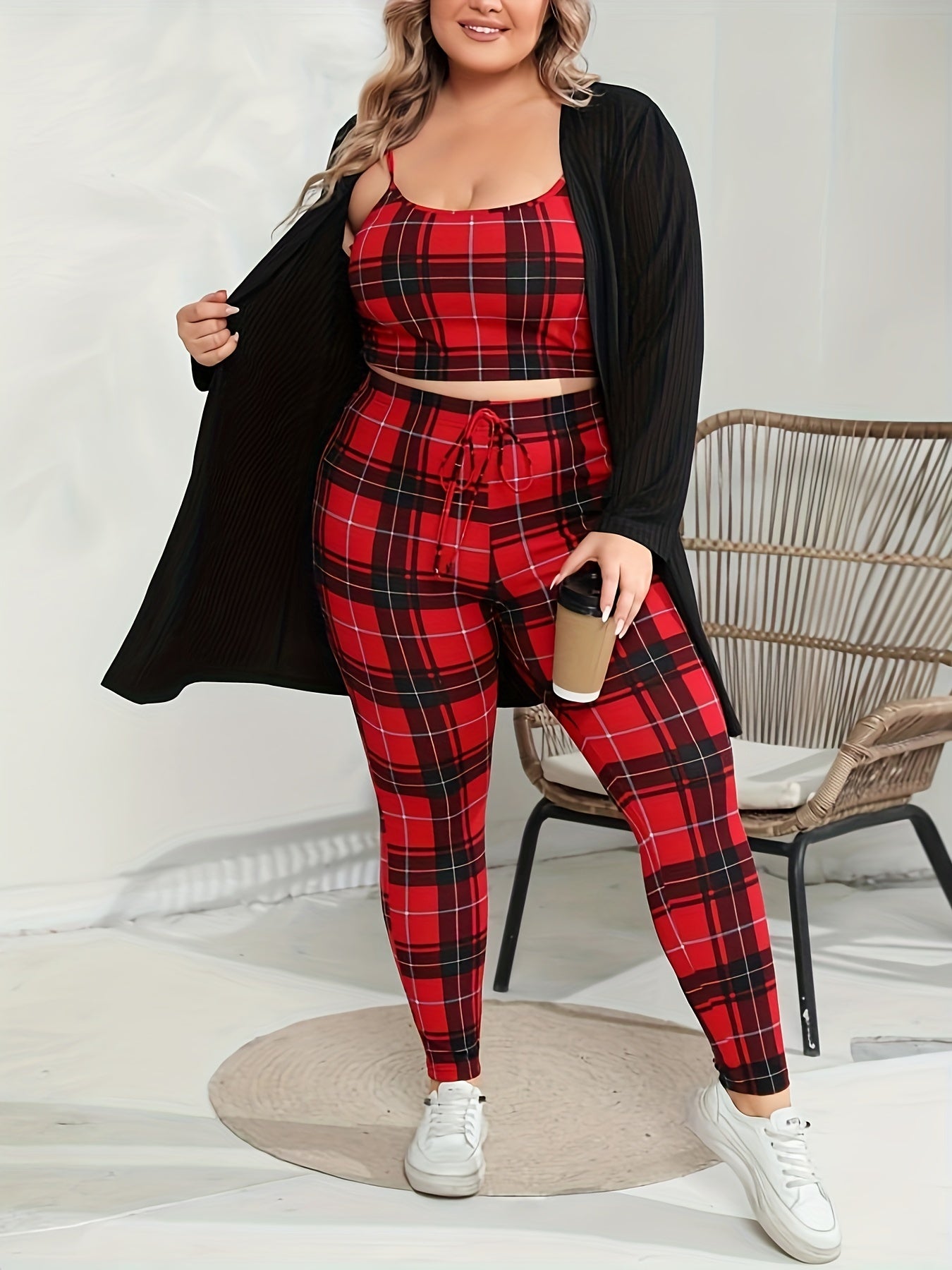 Plaid Crop Cami Top & Tie Pants & Cardigan Set