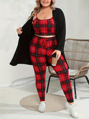 Plaid Crop Cami Top & Tie Pants & Cardigan Set