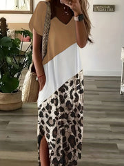 Colorblock Leopard Print Short Sleeve V Neck Tee Dress